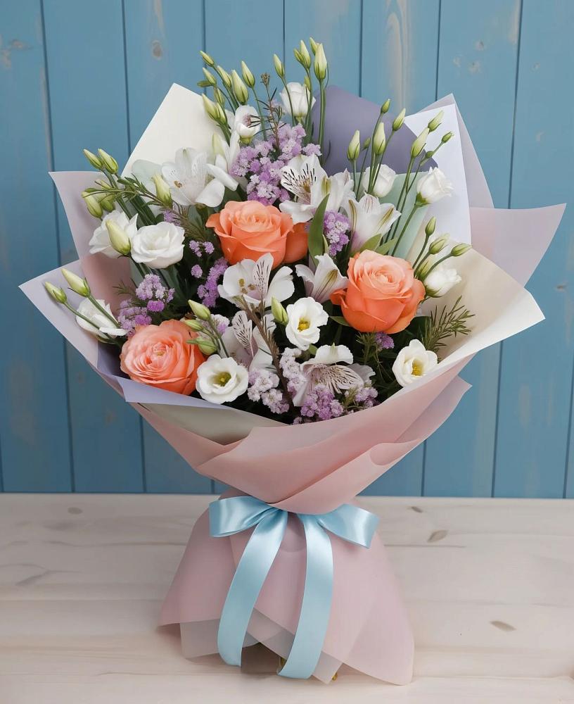 Букет цветов из: Лизиантусы, Розы, Альстромерии и Гипсофила в Алексеевка Уфимский район